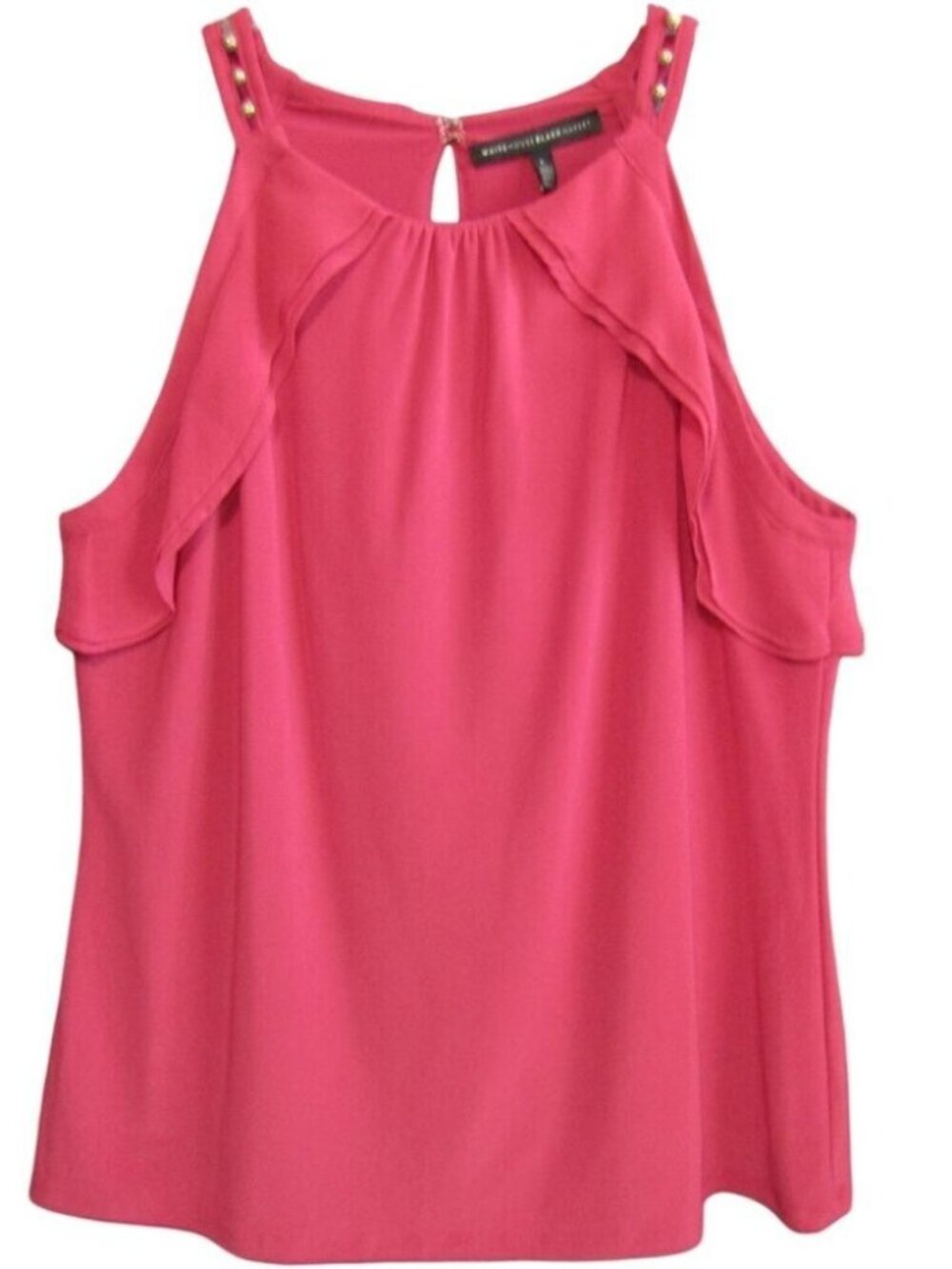 WHBM Pink Ruffle Top Size L Sleeveless Beaded Shoulder Keyhole Back Lined Womens